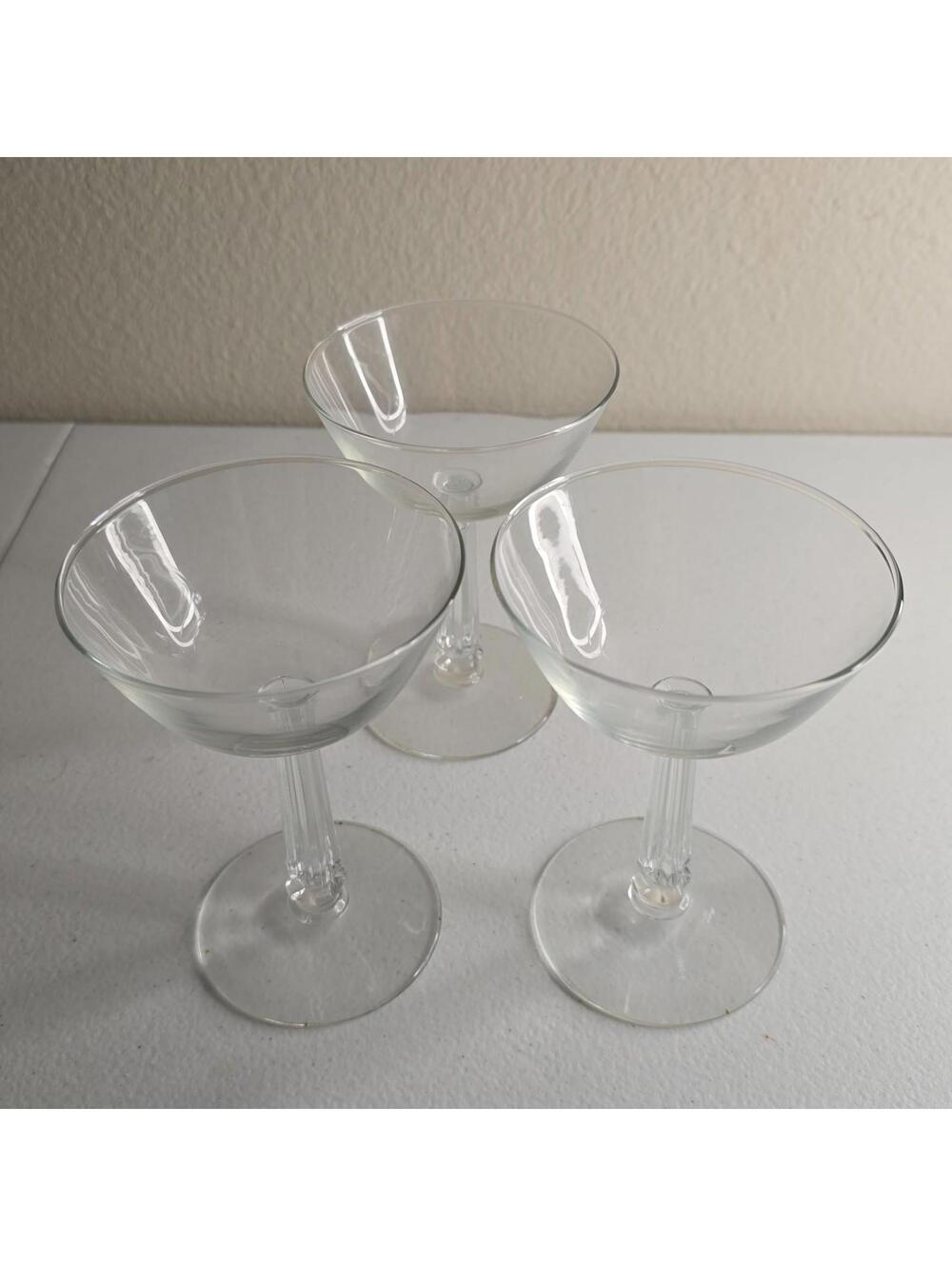 Set of 3 Vintage Champagne Coupe Glasses, Clear Glass Cocktail Barware